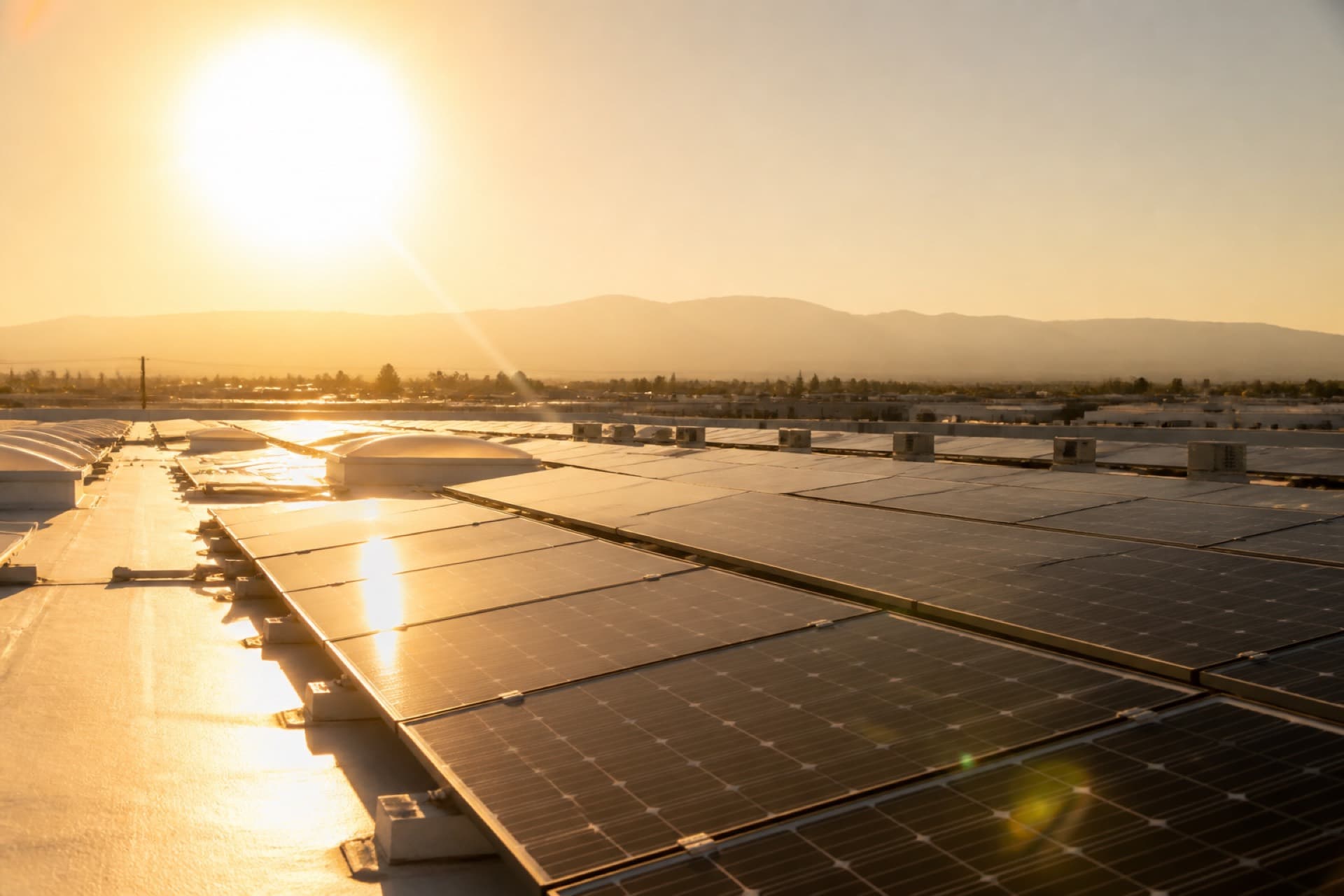 Commercial rooftop solar array under hard desert sun