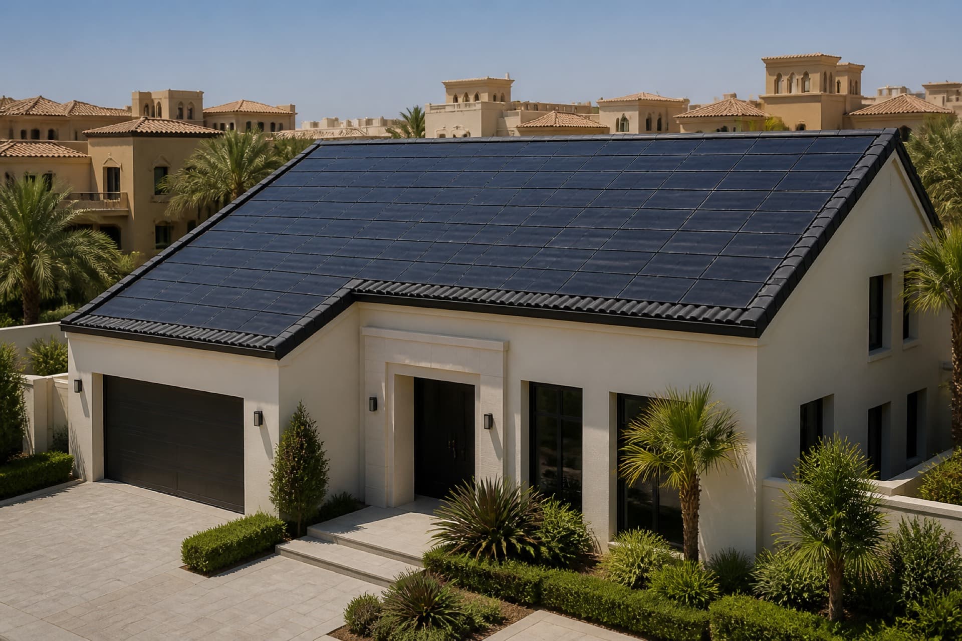 Villa with roof-integrated solar tiles