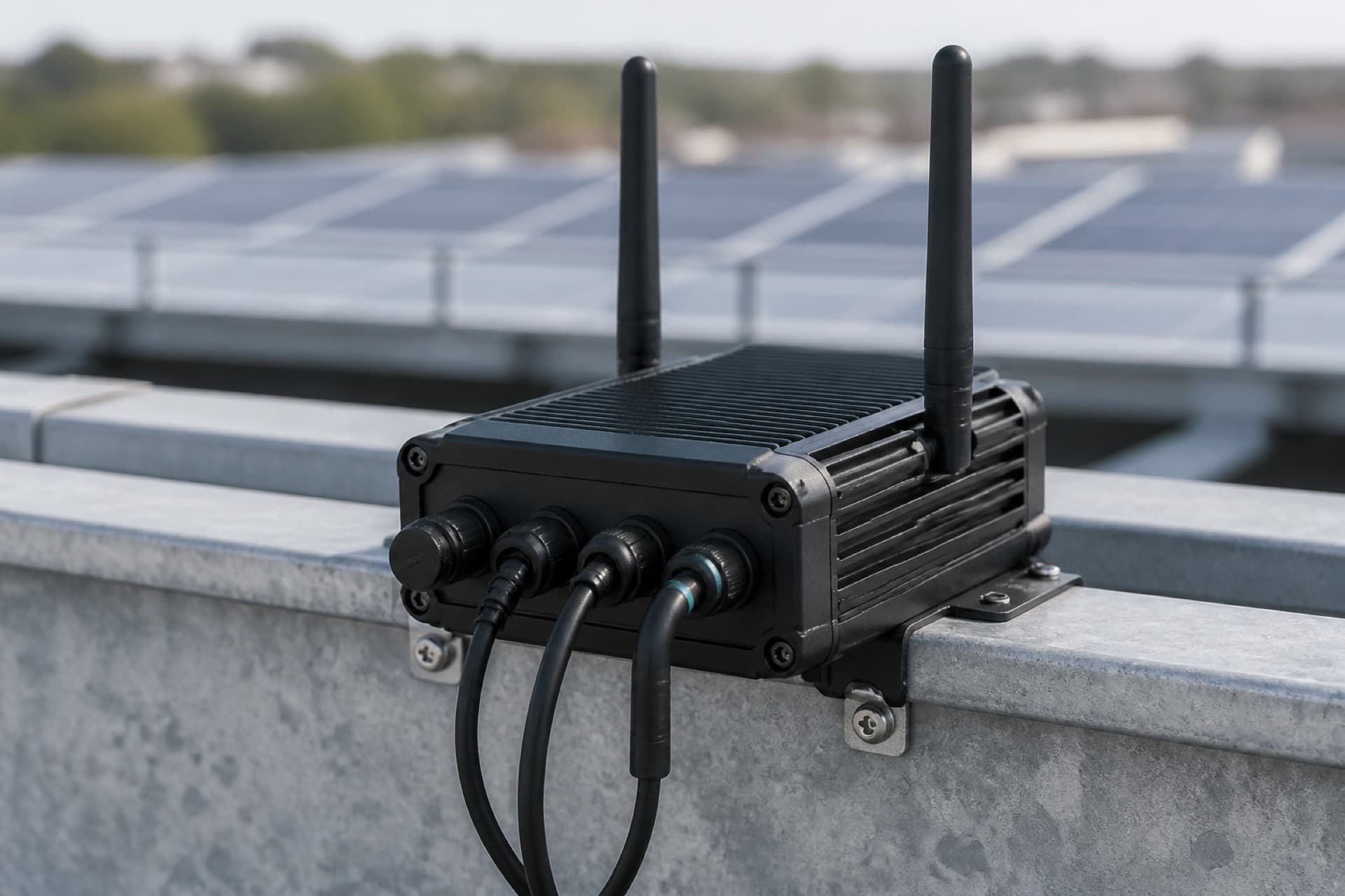 Industrial edge gateway mounted on a roof parapet