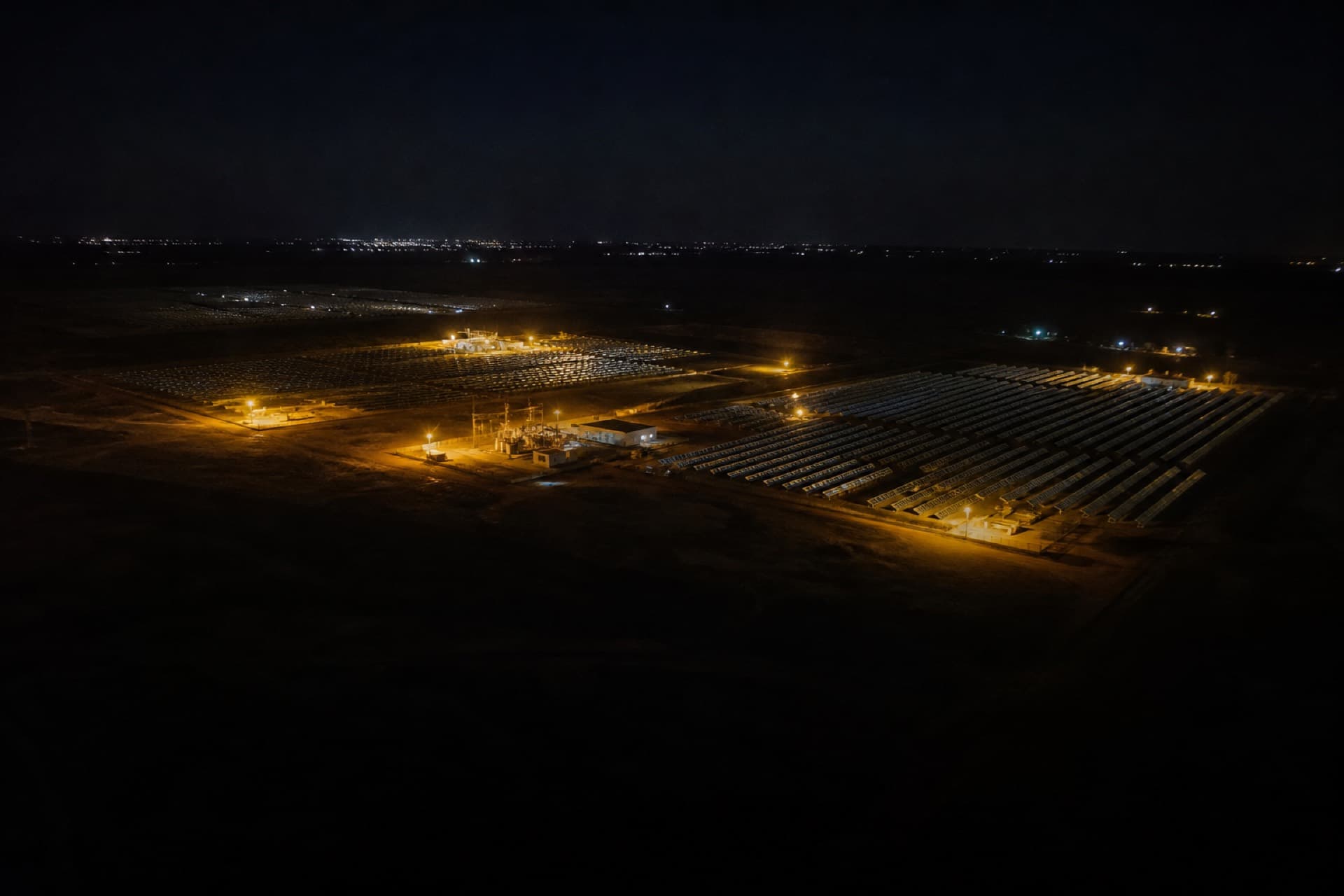 Night view of an industrial solar facility