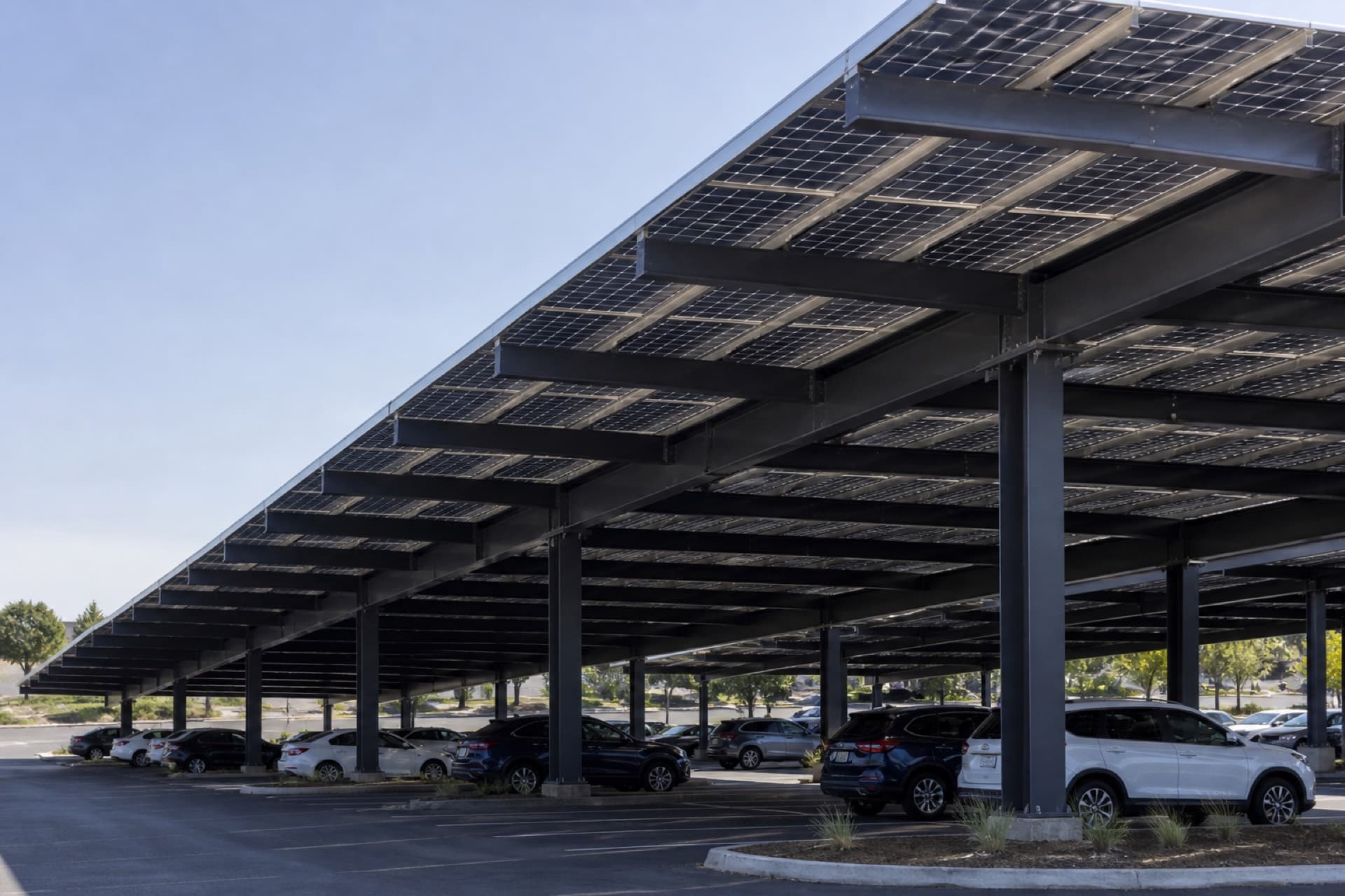 Solar canopies over a parking lot