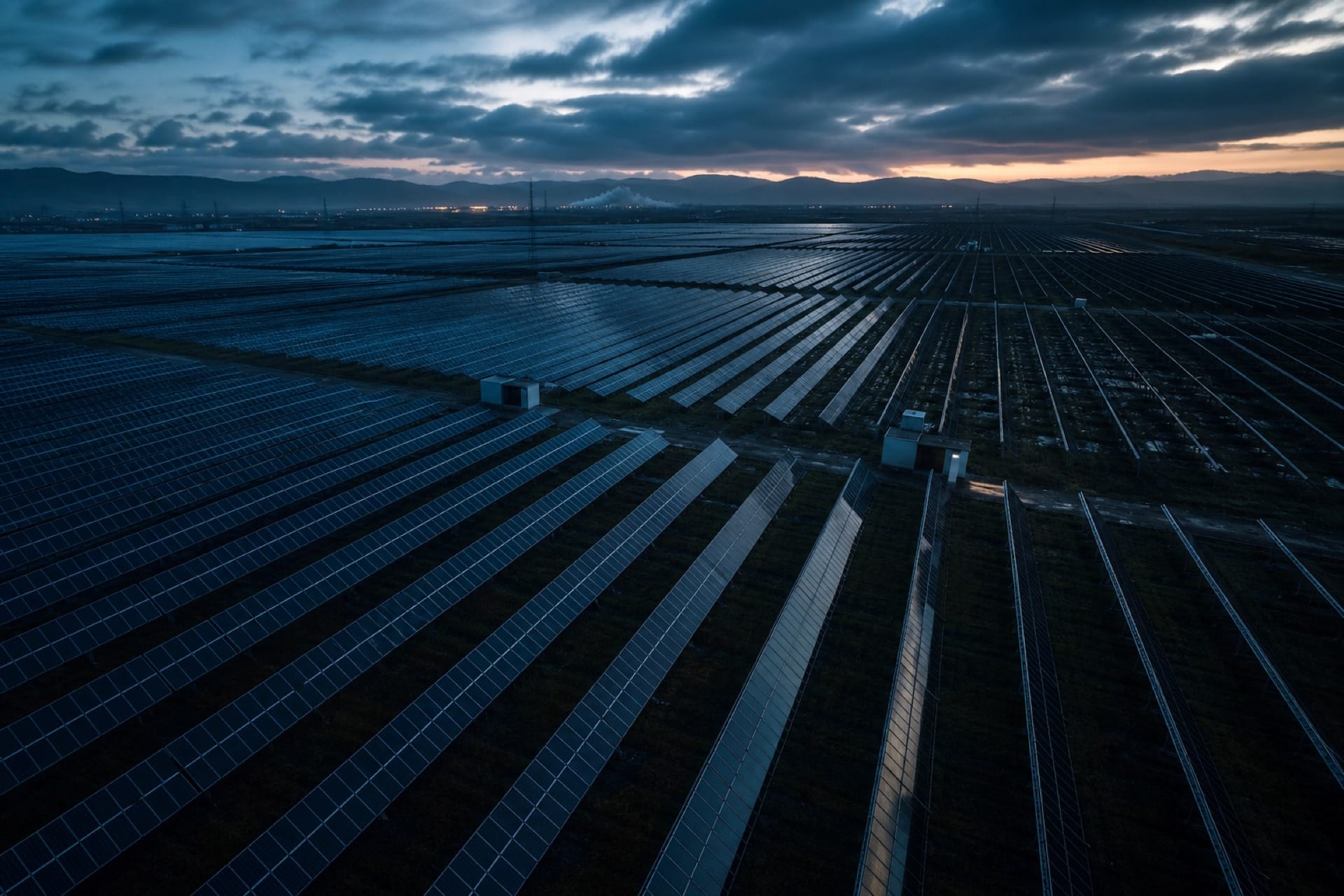 Aerial dusk view of a utility-scale solar fleet