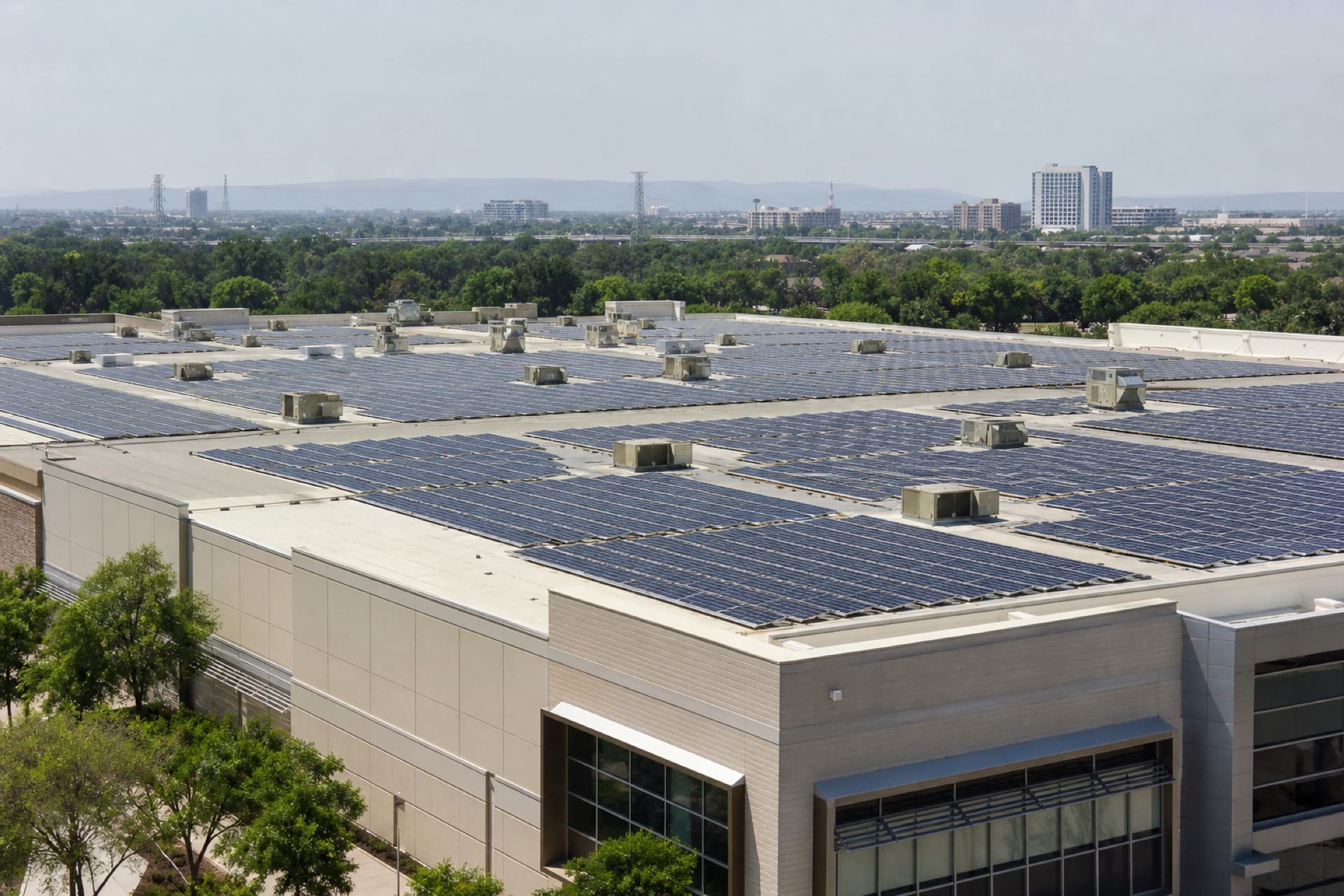 Shopping mall rooftop covered in solar panels