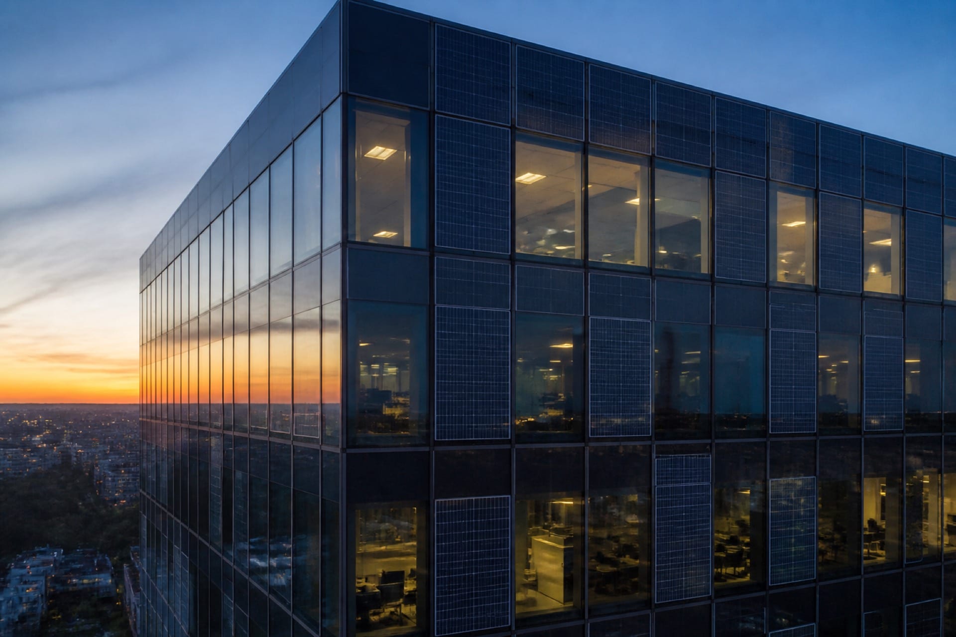 Glass office tower with photovoltaic facade